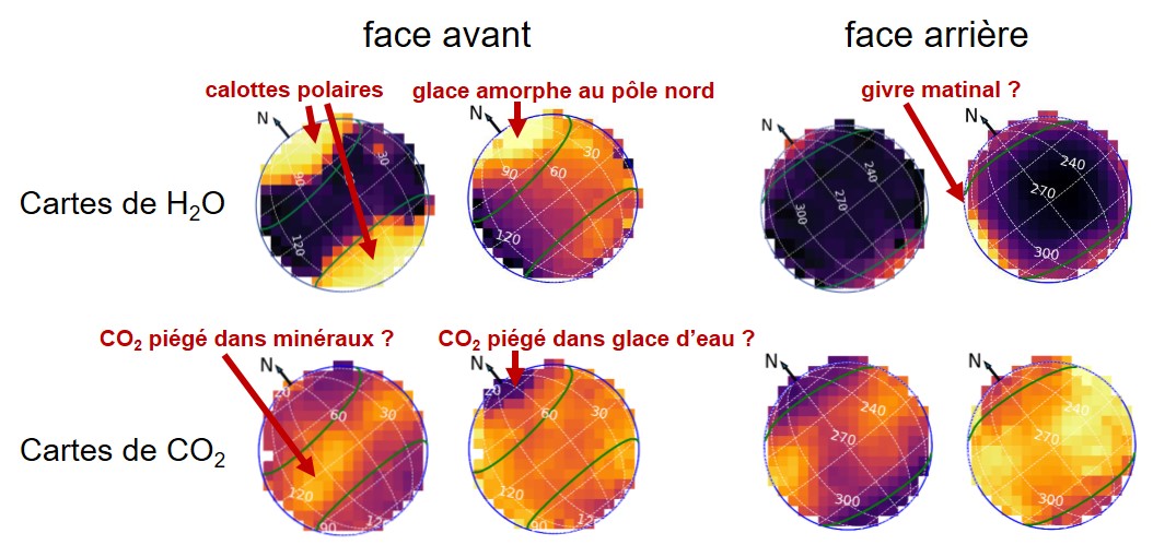 Exemples de cartes des propriétés de la glace d'eau (H2O) et du dioxyde de carbone (CO2) à la surface de Ganymède.