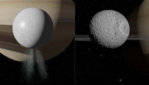 <multi>[fr]De taille similaire et orbitant à une distance semblable autour de Saturne, les lunes, Encelade (à gauche, diamètre d'environ 500 km) et Mimas (à droite, diamètre d'environ 400 km), ont des surfaces très différentes l'une de l'autre, qui semblent témoigner de conditions internes incompatibles. Pourtant, toutes deux abritent un océan d'eau liquide sous leur surface. [en]Similar in size and orbiting at a similar distance around Saturn, the moons Enceladus (left, diameter approx. 500 km) and Mimas (right, diameter approx. 400 km) have very different surfaces, which seem to reflect incompatible internal conditions. However, both contain an ocean of liquid water beneath their surfaces.</multi>